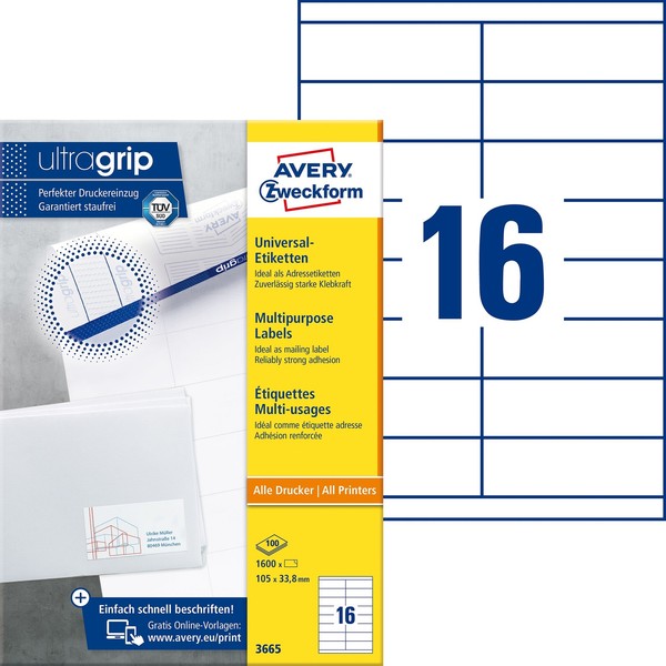 Avery Zweckform® 3665 3665 Universal-Etiketten - 105 X 33,8 Mm, Weiß, 1.600 Etik-image