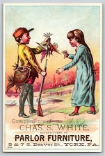 York, PA Chas. S. White Parlor Furniture Victorian Trade Card Kids Hunting Birds