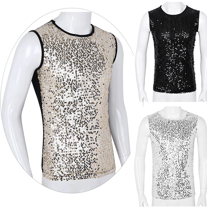 Mens T-shirts Slim Fitted Tank Top Crew Neck Vest Sequin Tee Fashion Clubwear - Image 2 of 4