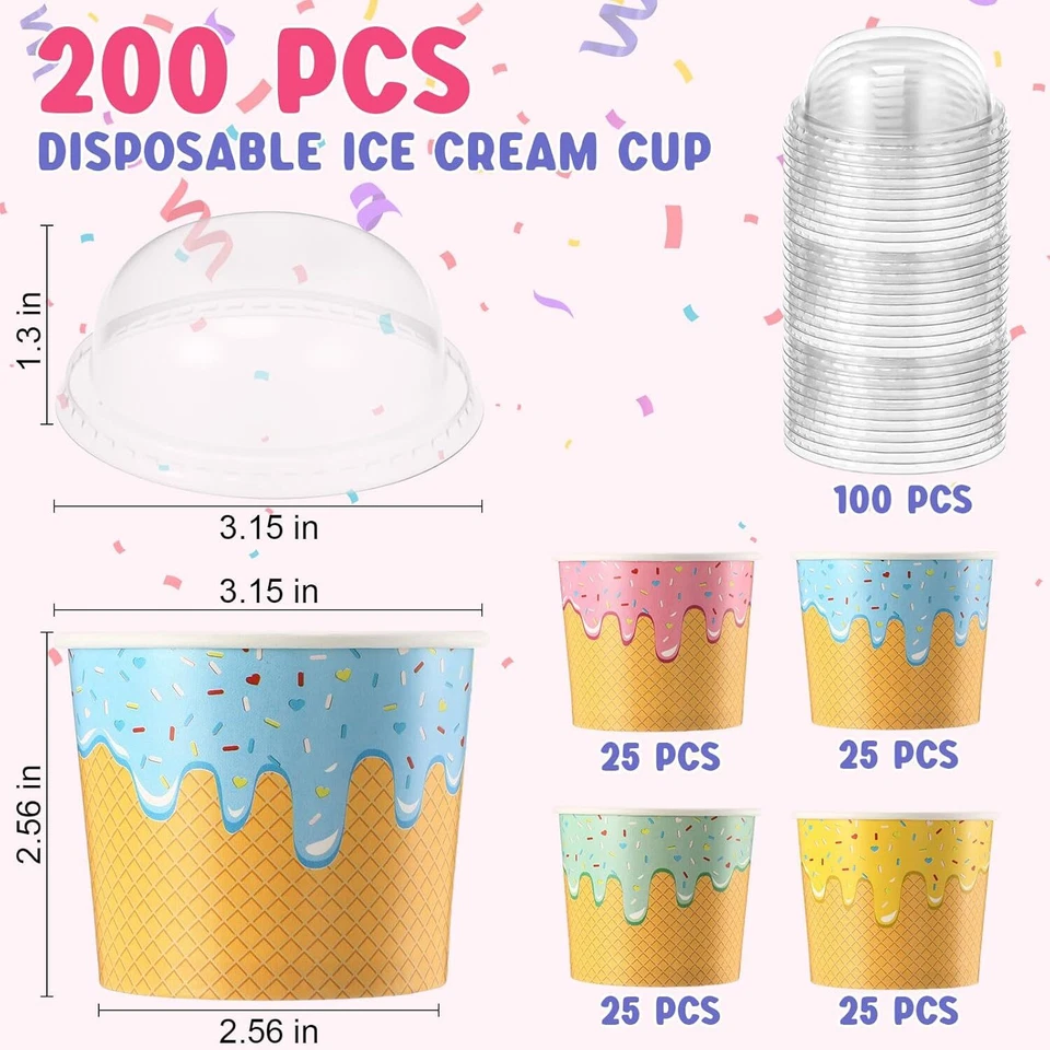 100 tazas de papel para helado de 6 oz con tapas de cúpula transparente sin orificio desechables a granel Foto 3 de 4