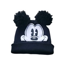 Disney Mickey Mouse Toddler Black  White Pom Pom Beanie NWOT