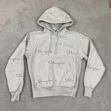 Champion Reverse Weave Hoodie Mens Small Gray All Over Script Logo S2974 A1GF