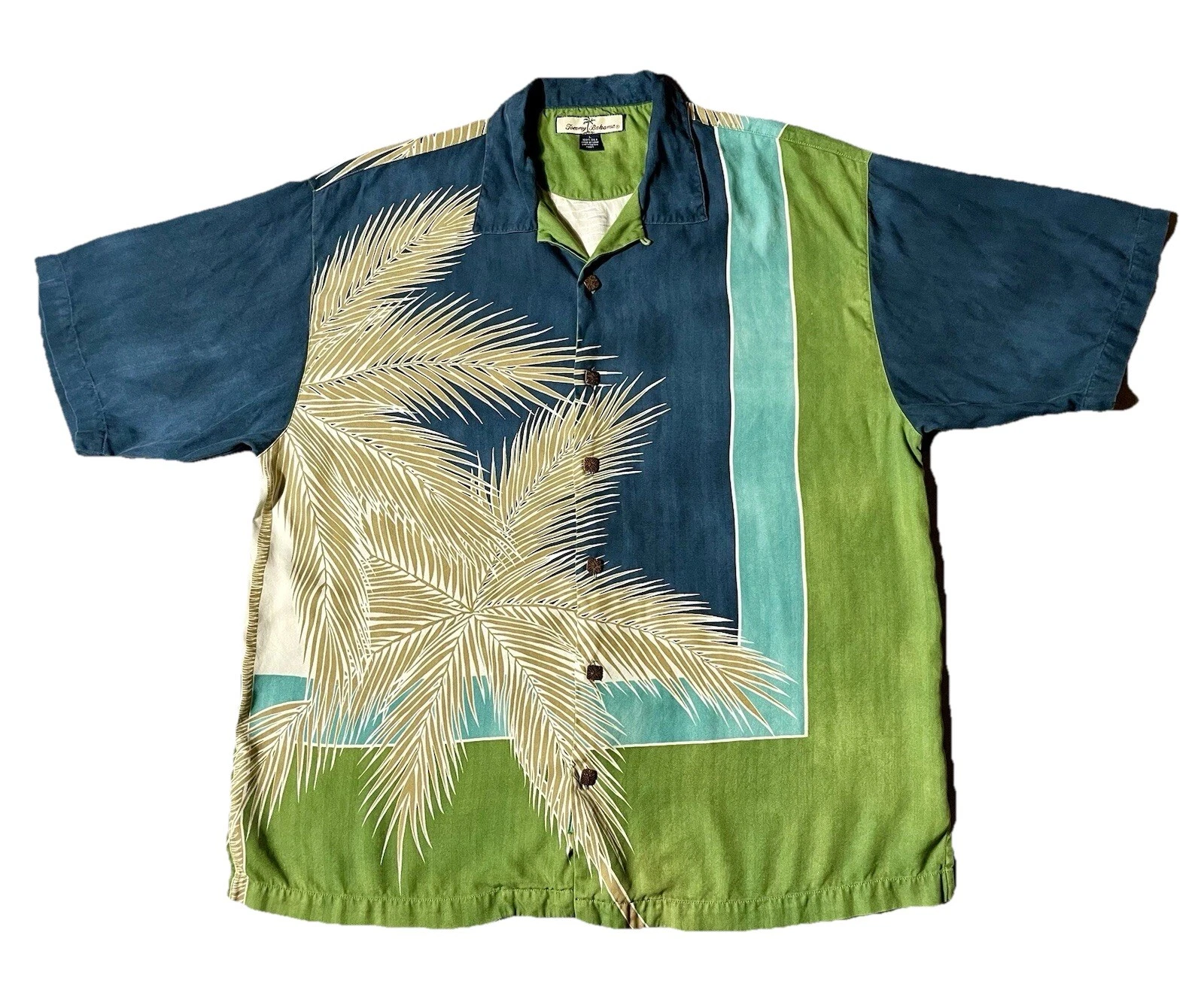 Tommy Bahama Silk Shirt Men’s Large Palm Tree Print Blue Green Aloha Resort