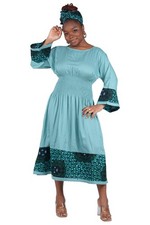 African Trim Midi Dress Smocked, Headwrap Pockets 100 Rayon Patch work