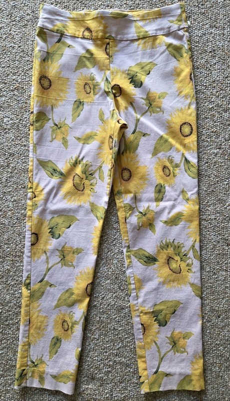 KRAZY LARRY Floral Sunflowers Pull On Pants Women Size 10 Ankle Yellow USA Made