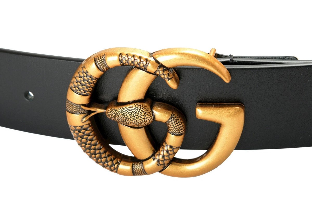 New Gucci Double G Logo Gold Snake Buckle & Black Leather Belt US