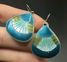 Silber 925 Emaille Ohrringe Bunt Blau Grün Vintage Blatt Enamel Earrings