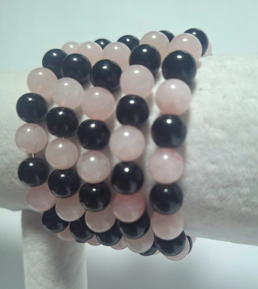 elastisches Perlenarmband aus Stein, Onyx und Rosenquarz Perlen - Bild 1 von 4