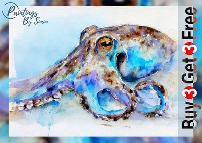 Oktopus 5x7 Druck auf mattem Papier | Aquarell Ozean Wandbild Küstendeko