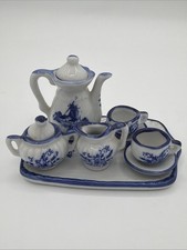 Vintage Delft-Style Porcelain Miniature Tea Set, Windmill And Floral Designs
