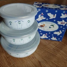 The Snowman Raymond Briggs Set of 3 Enamel Freezing Bowls Vintage Rare Collector