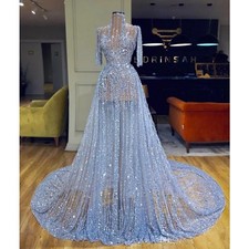 Luxury High Neck Sparkly A Line Prom Dresses Half Sleeve Beaded Sequined Gowns
