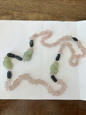 Rose Quartz Hand Knotted Necklace 36 with Green Monkeys
