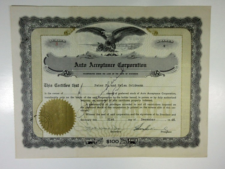 WI. Auto Acceptance Corp., 1946. 9 Shrs Preferred Stock I/C Cert., S/N 3, VF-XF