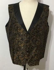 Mens Gold Paisley Black Gold Silk Suit Vest Pocket Tuxedo Waistcoat Large New