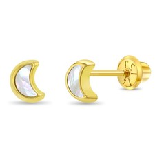 14k Gold Crescent Moon Mother of Pearl Toddler / Kids Earrings Safety Screw Back