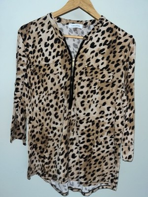 Calvin Klein Brown Black Leopard V-Neck Zip Tunic Blouse Large 3/4 Sleeve~H