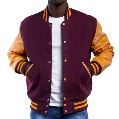 Men s Varsity Jacket Maroon Wool with Yellow Leather Sleeves Baseball Letterman