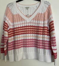 NEW Talbots Women s Sz 2X White w/Stripes Cable Stitch Open Knit Sweater