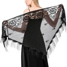 Ladiery Triangle Lace Shawls and Wraps for Evening Dresses with Tassels Black