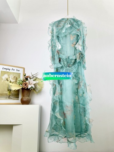 100% Mulberry Organza Fabric Printed Ruffled Holiday Backless Braided Maxi Dress - Picture 10 of 14