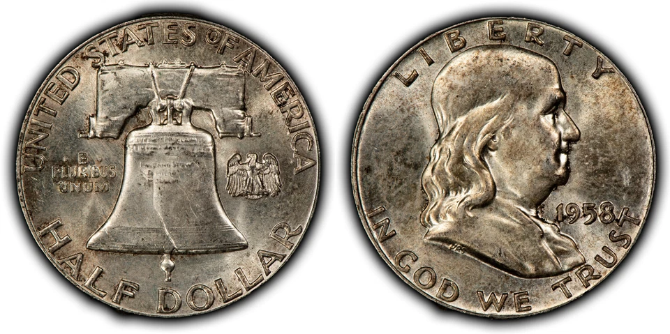 2 монеты 1958 50c Франклин половина доллара - Ty-1 Ty-2 отчеканен с доказательство штампы - Z6301 - Изображение 3 из 4