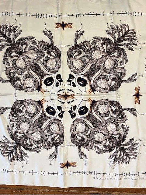 THOMAS WYLDE Cream Color Silk Scarf with Snake/Skull Design, 2009