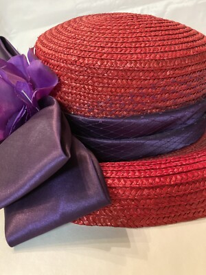 Red Hat Society Church Derby Ladies Straw Hat Purple Ribbon  display picture 1