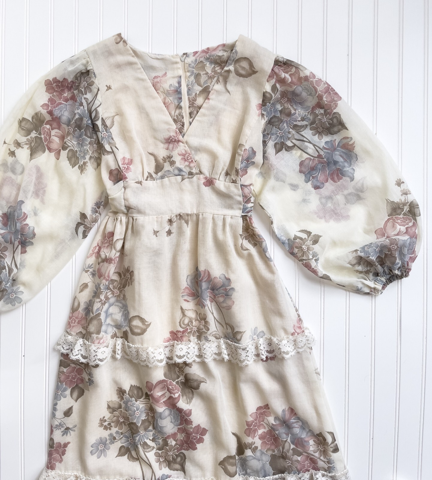 vtg 1970s cream floral lace balloon sleeve tiered maxi dress boho wedding dress image 2