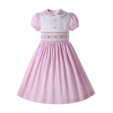 Smocked Vintage Girl Dress Pink Peter Pan Collar Short Sleeve Party Dresses US