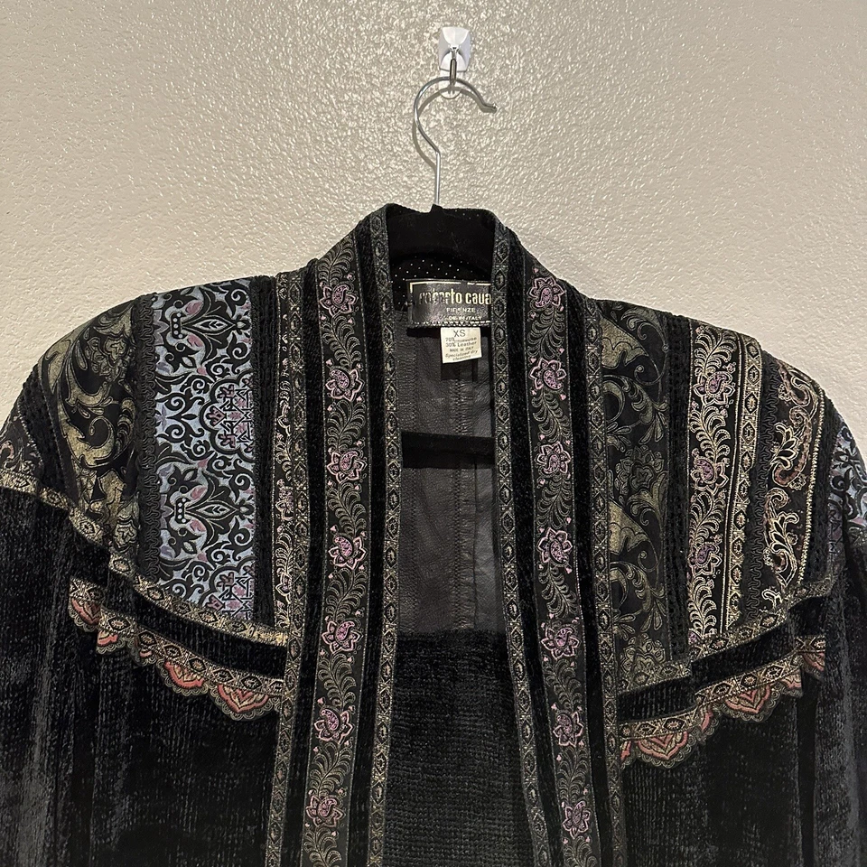 Roberto Cavalli Black Chenille Paisley Painted Leather Trim Duster Jacket XS - Image 4 of 4
