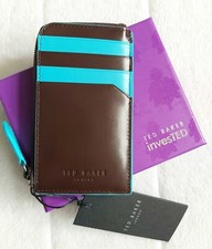 Image of TED BAKER Tan Brown Aqua Blue Leather ZIPPED CARD HOLDER Cardholder NEW Ted34