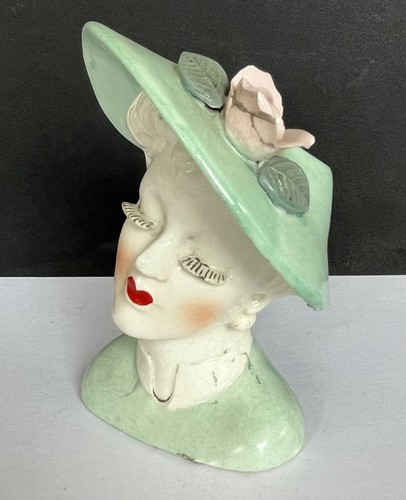 Lady Head Vase Céramique Japon Femme Mode Chapeau Vert Rose 1950s 10,5 cm