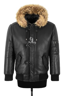 Men's Aviator Parka Bomber Leather Jacket Padded Fur Hooded