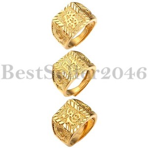 Authentic 3pcs Bless All Men's Gold Plated Kanji Ring Rich Luck Wealth Set Size Adjustable