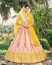 Beautiful Chinnon Silk Yellow Fancy Lehenga Choli With Dupatta For Reception