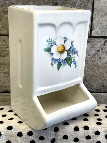 VTG NEW McCoy Hanging Wood Match Box Holder Ceramic Pottery Blue White Flower