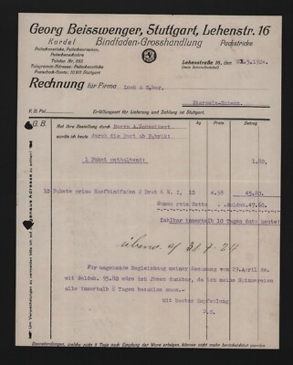 STUTTGART, Rechnung 1924, Georg Beisswenger Bindfaden-Grosshandlung