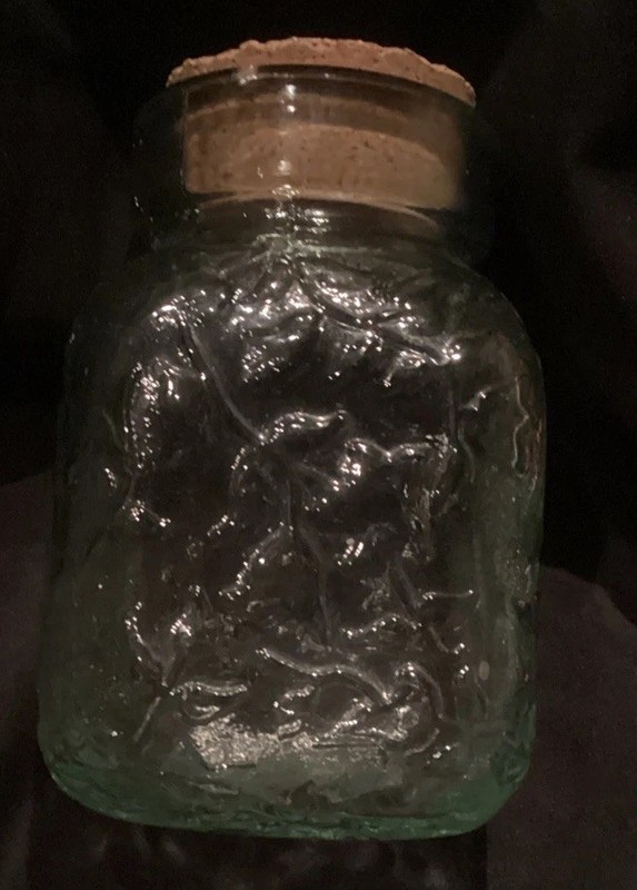 LA MEDITERRANEA EMBOSSED GREEN TINT GLASS JAR WITH CORK LID, SPAIN