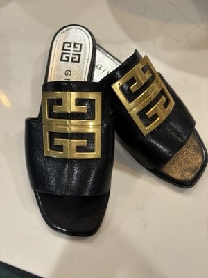 Givenchy 4g Leather Black Sandals With Gold Logo Size 37
