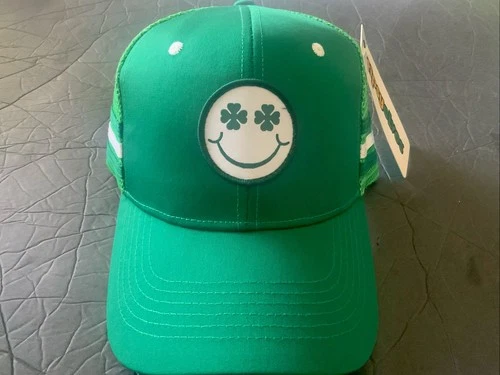 TISPY ELVES Green Mesh Stripe Smiley Clover TRUCKER HAT Golf Baseball Cap NWT - product listing photo