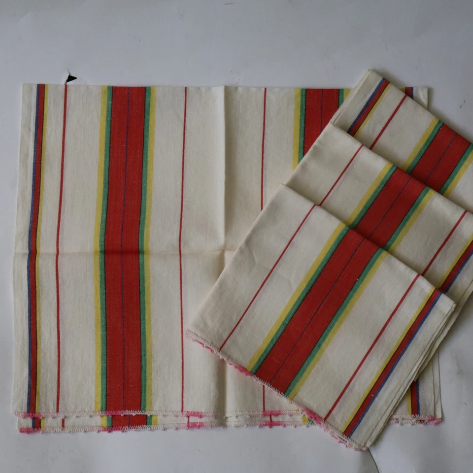 Vintage Floursack? Napkin Set w 4 Napkins Red, Green, Yellow, Blue Stripe 18x27" - Image 2 of 4