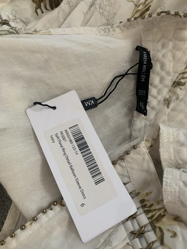 Abito Karen Millen nuovo con etichette floreale dettaglio anello manica a palloncino avorio taglia 6 - Foto 10 di 10