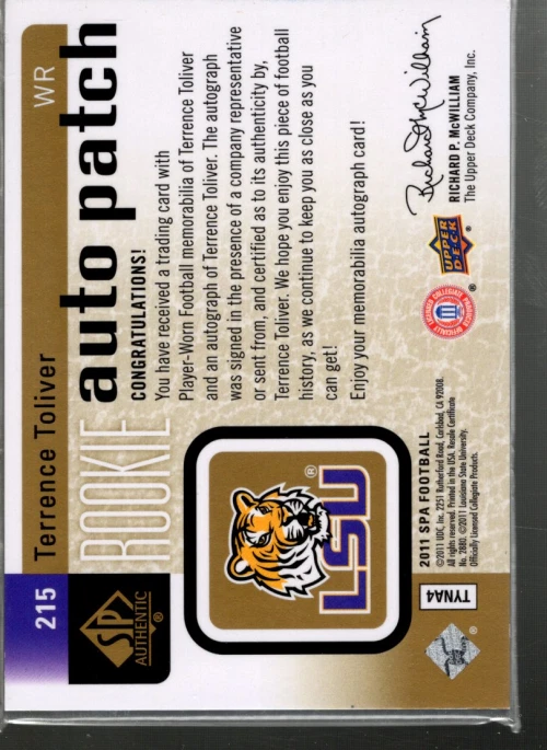 B3818- 2011 SP Authentic #215 Terrence Toliver Auto Jersey /699 SAMPLE PIC - Image 2 of 2