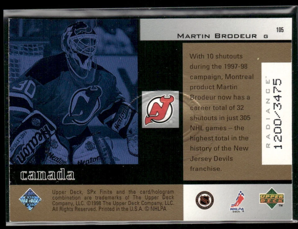 1998-99 SPx Finite Martin Brodeur Radiance /3475 #105 New Jersey Devils - Image 2 of 2