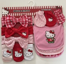 Hello Kitty 12 Piece Baby Set Headbands, Mittens, Socks  Bibs Christmas NWT