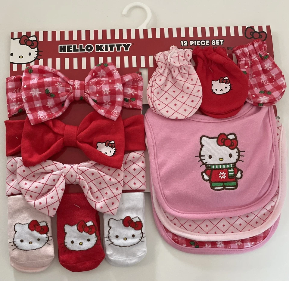 Hello Kitty 12-teiliges Baby Set Stirnbänder, Fäustlinge, Socken & Lätzchen Weihnachten Neu mit Etikett