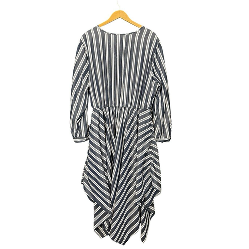 Mlle Gabrielle Striped Faux Wrap Dress Women 3X Blue Asymmetric Roll Tab Sleeves - Picture 4 of 14