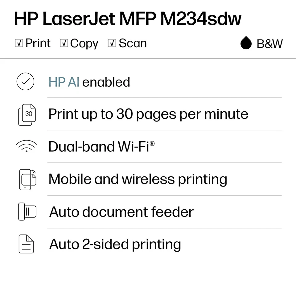 HP LaserJet MFP M234sdw Wireless Black White Printer, Print, scan, copy, Fast - Image 2 of 4