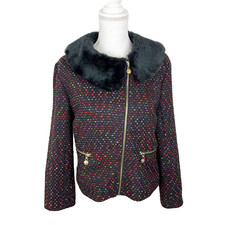 Yumi Jacket Women 10/12 Black Rainbow Knit Faux Fur Collar Full Zip Blazer